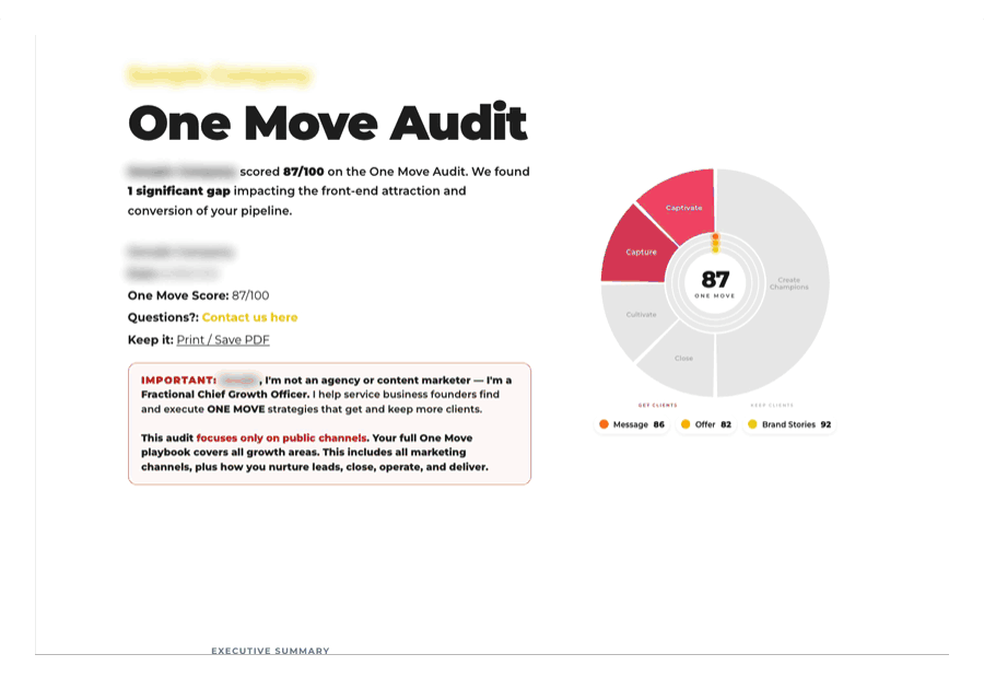 A preview of the One Move Audit report — One Move Score and the engine breakdown across message, offer, and brand story